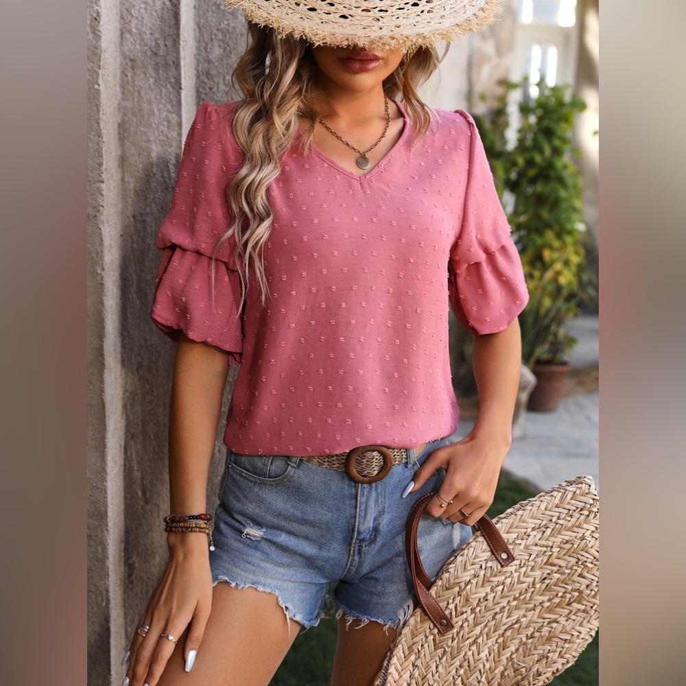 Strawberry Colored Swiss Dot V-Neck Short Sleeve Blouse